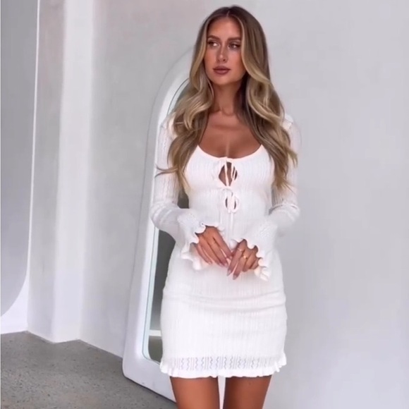 Tiger Mist Florence mini dress white sz small lace knit ruffle sleeve tie front - Picture 3 of 5